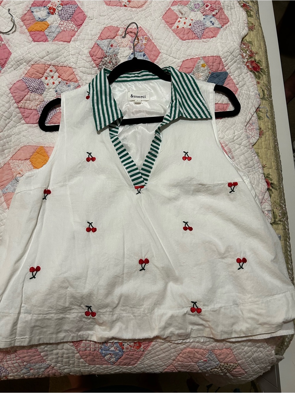 &merci White Cherry Embroidered Sleeveless Top with Green Stripe Collar